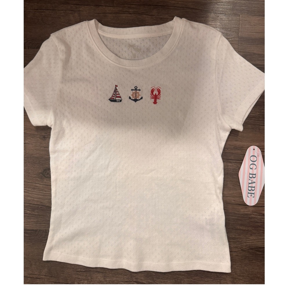 OG Babe White Pointelle Nautical Embroidered Tee Sailboat Anchor Lobster